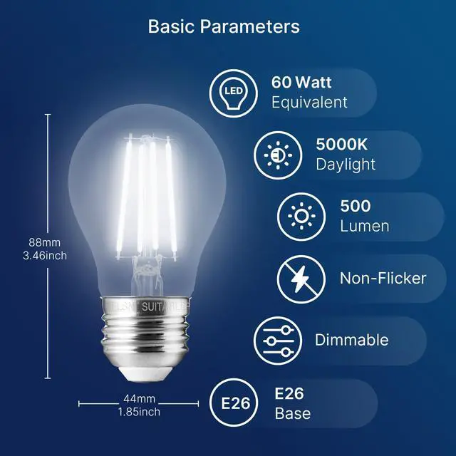 Alt view image 2 of 7 - A15 LED Edison Bulbs 60W Equivalent, Dimmable E26 LED Bulbs for Chandelier, 5000K Daylight, 82 CRI, 4W, 500LM, AC 120V, 6 Pack