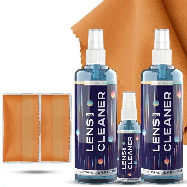 Main image of Eyeglass Gel Lens Cleaner Spray Kit - 2 x 8oz and 1 x 2oz Gel Eyeglasses Cleaner Spray Bottle + 2 Microfiber Cloth for Cleaning - Safe for All Lenses (AR Coated Included)