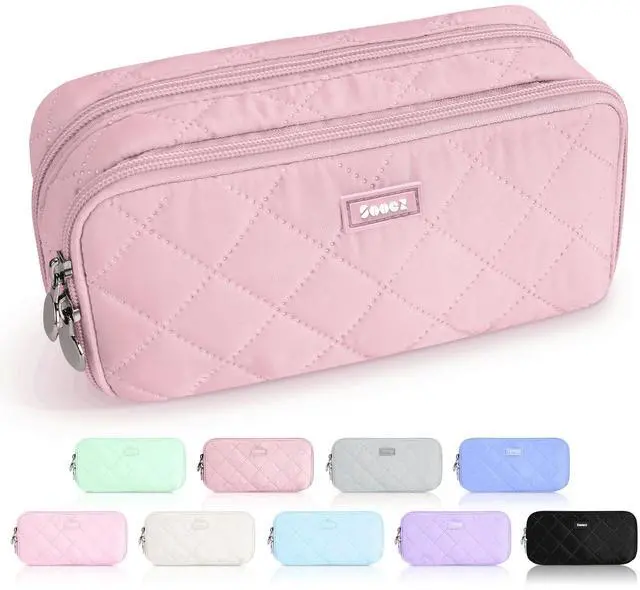 Main image of Large Pencil Case Pouch, Extra Big Pencil Bag with 8 Compartments, Pen Bag Wide Opening, Soft Quilted Pencil Pouch Organizer with Zipper, Portable Pencil Case for Teen Girls, Blush