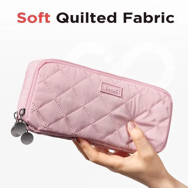 Alt view image 2 of 7 - Large Pencil Case Pouch, Extra Big Pencil Bag with 8 Compartments, Pen Bag Wide Opening, Soft Quilted Pencil Pouch Organizer with Zipper, Portable Pencil Case for Teen Girls, Blush