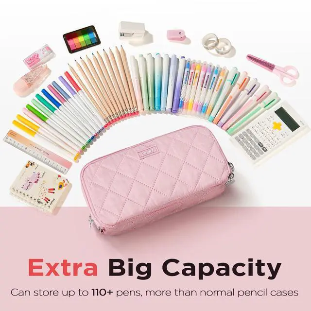 Alt view image 3 of 7 - Large Pencil Case Pouch, Extra Big Pencil Bag with 8 Compartments, Pen Bag Wide Opening, Soft Quilted Pencil Pouch Organizer with Zipper, Portable Pencil Case for Teen Girls, Blush