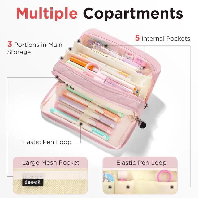 Alt view image 4 of 7 - Large Pencil Case Pouch, Extra Big Pencil Bag with 8 Compartments, Pen Bag Wide Opening, Soft Quilted Pencil Pouch Organizer with Zipper, Portable Pencil Case for Teen Girls, Blush