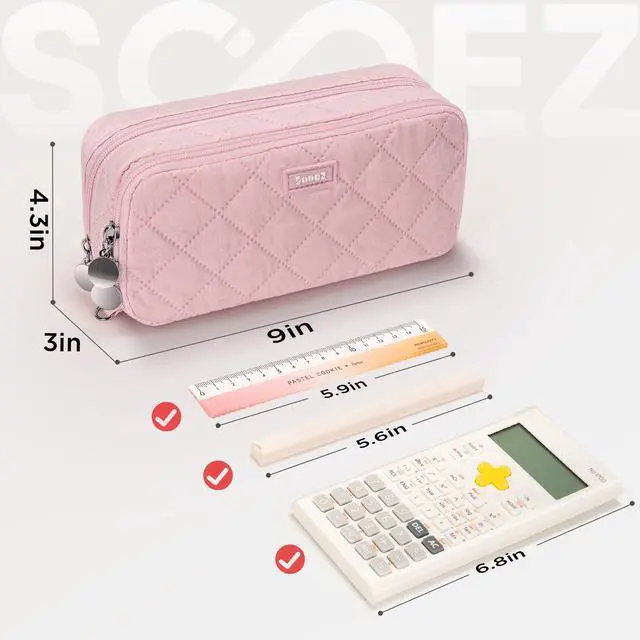 Alt view image 5 of 7 - Large Pencil Case Pouch, Extra Big Pencil Bag with 8 Compartments, Pen Bag Wide Opening, Soft Quilted Pencil Pouch Organizer with Zipper, Portable Pencil Case for Teen Girls, Blush