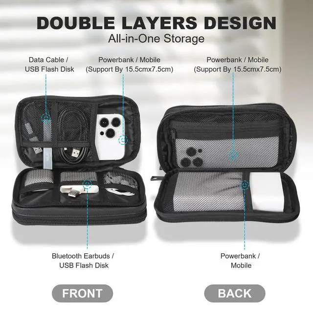 Alt view image 4 of 7 - Travel Cable Organizer Bag, Electronic Accessories Carry Pouch, Portable Waterproof Double Layers All-in-One Storage Bag for Cord, Charger, Phone, Earphone (Black, Small)