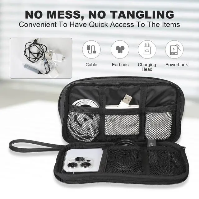 Alt view image 5 of 7 - Travel Cable Organizer Bag, Electronic Accessories Carry Pouch, Portable Waterproof Double Layers All-in-One Storage Bag for Cord, Charger, Phone, Earphone (Black, Small)