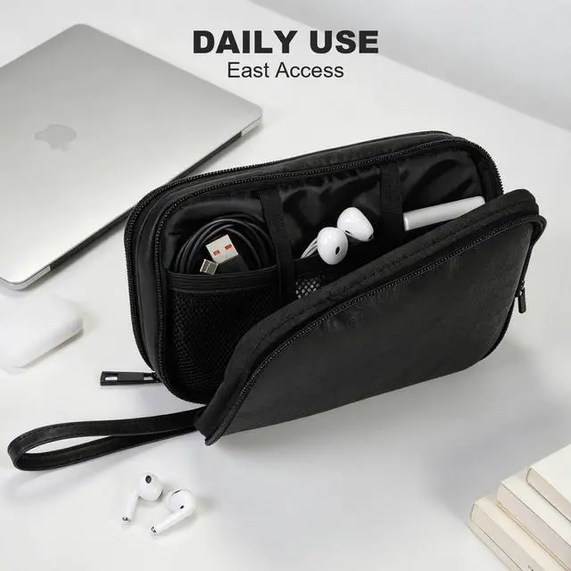 Alt view image 6 of 7 - Travel Cable Organizer Bag, Electronic Accessories Carry Pouch, Portable Waterproof Double Layers All-in-One Storage Bag for Cord, Charger, Phone, Earphone (Black, Small)