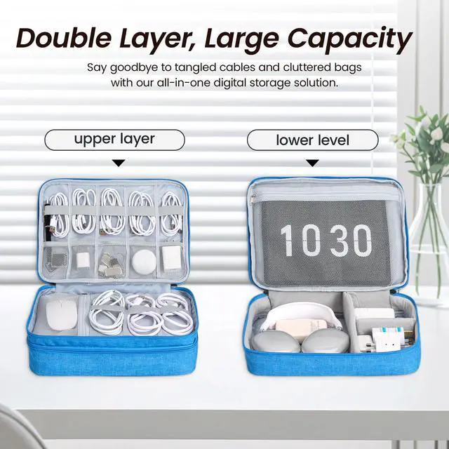 Alt view image 4 of 7 - Large Electronic Organizer Travel Case, Double Layer Tech Pouch with Adjustable Dividers, Cable Organizer Bag for Charger, Power Bank, Hard Drive, Camera Gear and Travel Accessories