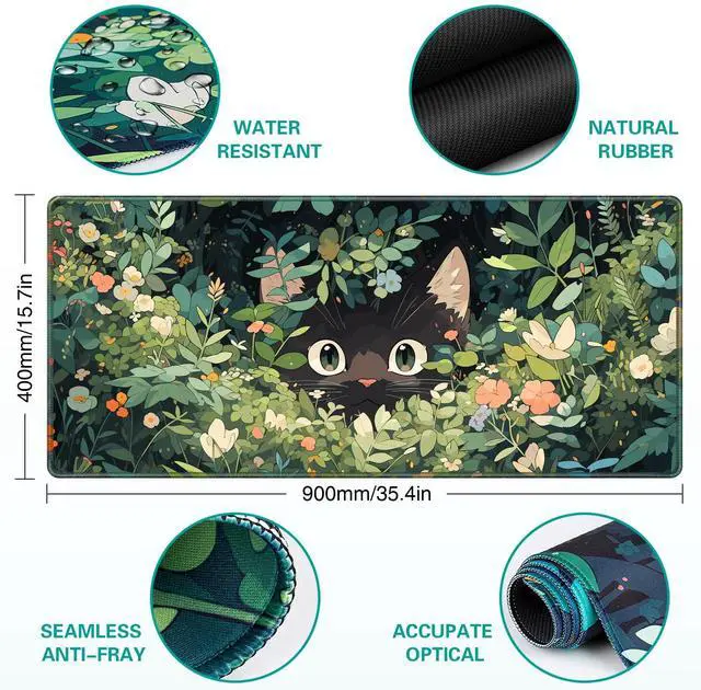 Alt view image 4 of 7 - Anime Cat Mouse Pad, Green Desk Mat, Kawaii XXL Large Gaming Mouse Pad