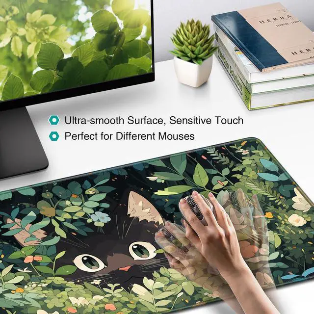 Alt view image 2 of 7 - Anime Cat Mouse Pad, Green Desk Mat, Kawaii XXL Large Gaming Mouse Pad