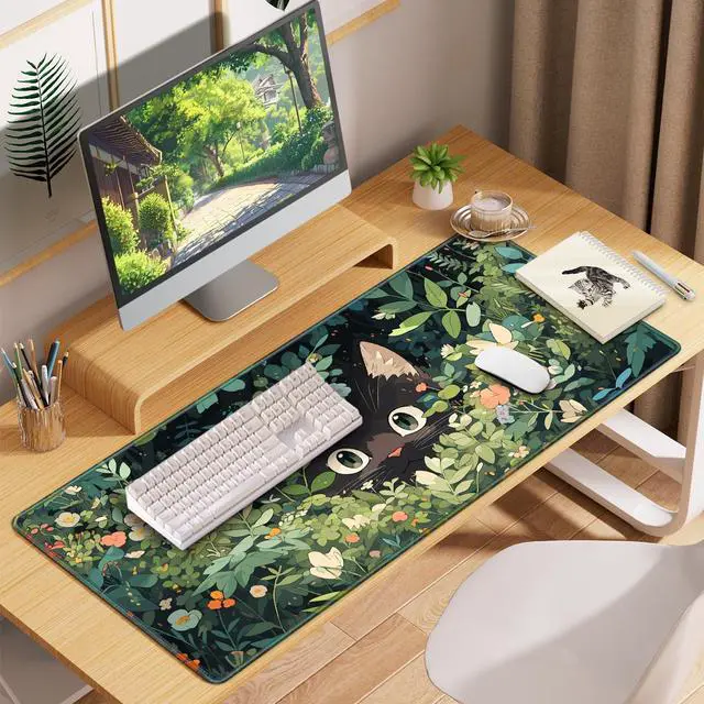 Alt view image 6 of 7 - Anime Cat Mouse Pad, Green Desk Mat, Kawaii XXL Large Gaming Mouse Pad