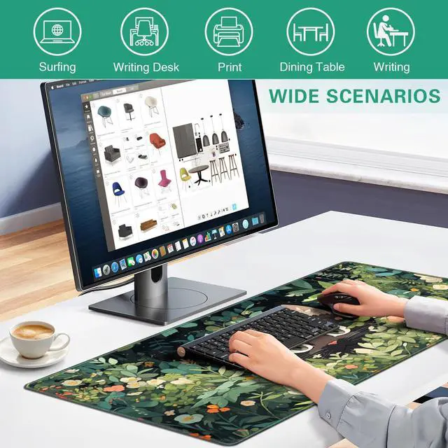 Alt view image 7 of 7 - Anime Cat Mouse Pad, Green Desk Mat, Kawaii XXL Large Gaming Mouse Pad