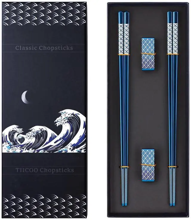 Main image of Reusable Titanium Plated Stainless Steel Chopsticks with Holder, Dishwasher Safe Lightweight Japanese Style Chopsticks Gift Set (Blue)