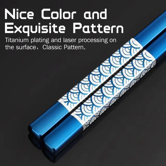 Alt view image 2 of 7 - Reusable Titanium Plated Stainless Steel Chopsticks with Holder, Dishwasher Safe Lightweight Japanese Style Chopsticks Gift Set (Blue)