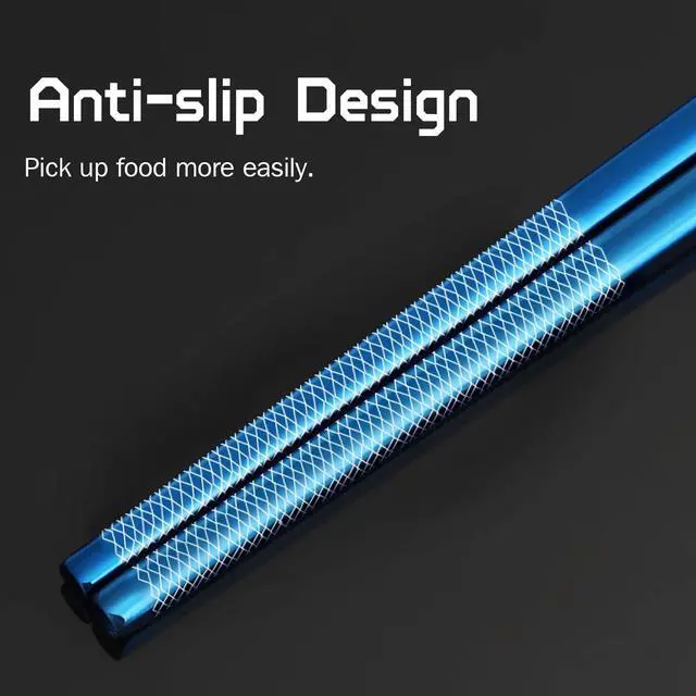 Alt view image 3 of 7 - Reusable Titanium Plated Stainless Steel Chopsticks with Holder, Dishwasher Safe Lightweight Japanese Style Chopsticks Gift Set (Blue)