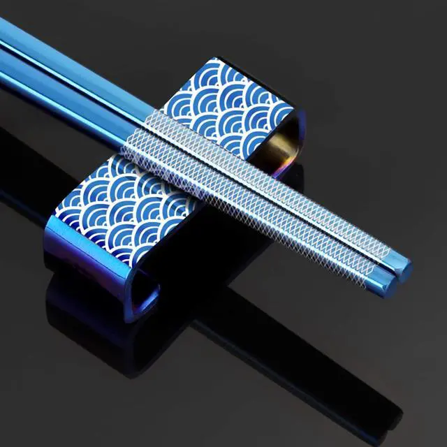 Alt view image 4 of 7 - Reusable Titanium Plated Stainless Steel Chopsticks with Holder, Dishwasher Safe Lightweight Japanese Style Chopsticks Gift Set (Blue)