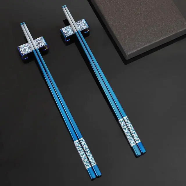 Alt view image 5 of 7 - Reusable Titanium Plated Stainless Steel Chopsticks with Holder, Dishwasher Safe Lightweight Japanese Style Chopsticks Gift Set (Blue)