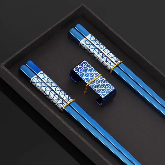 Alt view image 7 of 7 - Reusable Titanium Plated Stainless Steel Chopsticks with Holder, Dishwasher Safe Lightweight Japanese Style Chopsticks Gift Set (Blue)