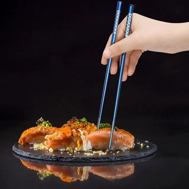 Alt view image 6 of 7 - Reusable Titanium Plated Stainless Steel Chopsticks with Holder, Dishwasher Safe Lightweight Japanese Style Chopsticks Gift Set (Blue)