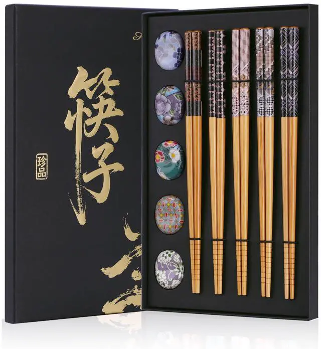 Main image of 5 Pairs Reusable Bamboo Chopsticks with Ceramic Rests, 8.8 Inch Japanese Style Chop Sticks with Chopstick Holders for Sushi Ramen Asian Cuisine, Elegant Black Gift Box for Home or Gift Giving