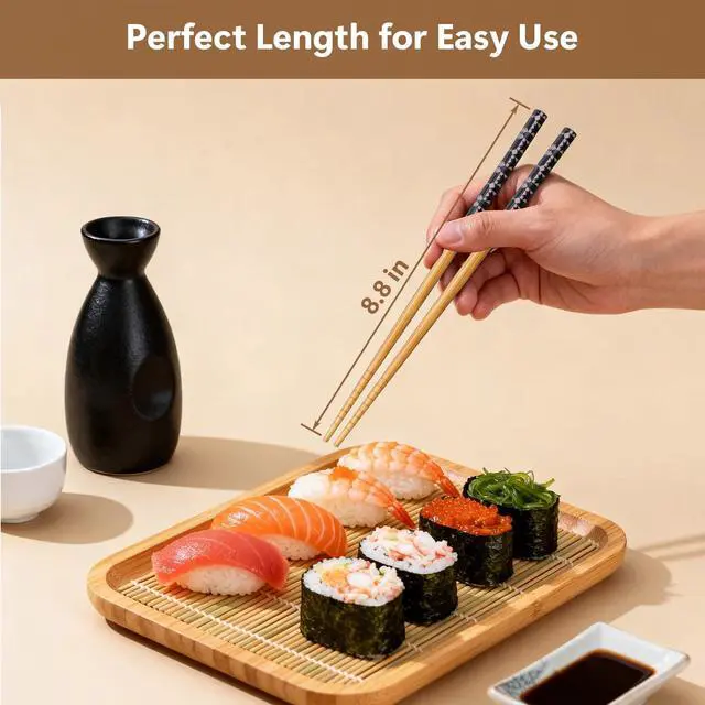 Alt view image 2 of 7 - 5 Pairs Reusable Bamboo Chopsticks with Ceramic Rests, 8.8 Inch Japanese Style Chop Sticks with Chopstick Holders for Sushi Ramen Asian Cuisine, Elegant Black Gift Box for Home or Gift Giving
