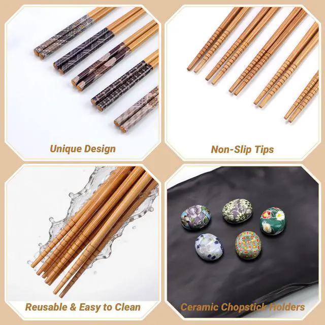 Alt view image 3 of 7 - 5 Pairs Reusable Bamboo Chopsticks with Ceramic Rests, 8.8 Inch Japanese Style Chop Sticks with Chopstick Holders for Sushi Ramen Asian Cuisine, Elegant Black Gift Box for Home or Gift Giving