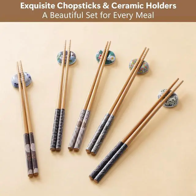 Alt view image 4 of 7 - 5 Pairs Reusable Bamboo Chopsticks with Ceramic Rests, 8.8 Inch Japanese Style Chop Sticks with Chopstick Holders for Sushi Ramen Asian Cuisine, Elegant Black Gift Box for Home or Gift Giving