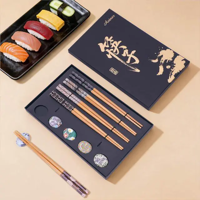 Alt view image 5 of 7 - 5 Pairs Reusable Bamboo Chopsticks with Ceramic Rests, 8.8 Inch Japanese Style Chop Sticks with Chopstick Holders for Sushi Ramen Asian Cuisine, Elegant Black Gift Box for Home or Gift Giving