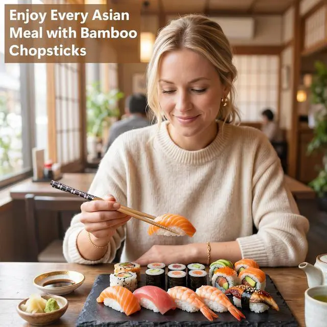 Alt view image 6 of 7 - 5 Pairs Reusable Bamboo Chopsticks with Ceramic Rests, 8.8 Inch Japanese Style Chop Sticks with Chopstick Holders for Sushi Ramen Asian Cuisine, Elegant Black Gift Box for Home or Gift Giving