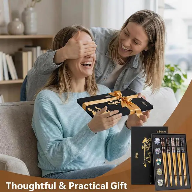 Alt view image 7 of 7 - 5 Pairs Reusable Bamboo Chopsticks with Ceramic Rests, 8.8 Inch Japanese Style Chop Sticks with Chopstick Holders for Sushi Ramen Asian Cuisine, Elegant Black Gift Box for Home or Gift Giving