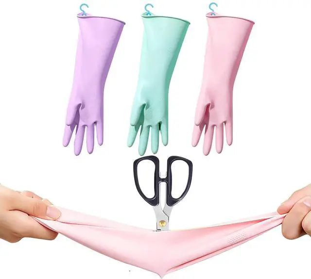 Main image of Dishwashing Gloves Reusable Cleaning Gloves, Durable and Comfortable with Hooks, Pink, Purple, Green, 3 Pairs (S)