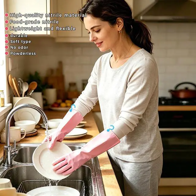 Alt view image 4 of 6 - Dishwashing Gloves Reusable Cleaning Gloves, Durable and Comfortable with Hooks, Pink, Purple, Green, 3 Pairs (S)