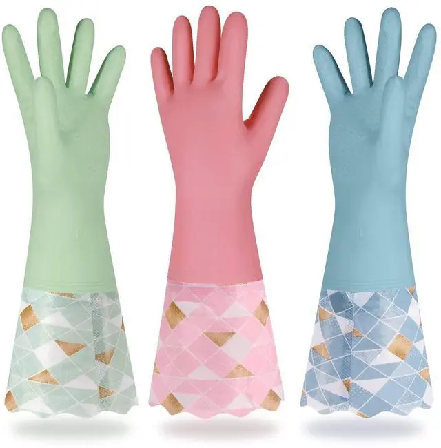 Main image of Household Cleaning Gloves 3 Pairs Reusable Dishwashing Gloves Latex Free, Non-Slip Kitchen Glove with Cotton Lined, Waterproof Dish Washing Gloves