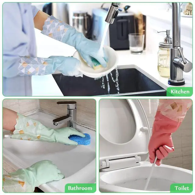Alt view image 6 of 7 - Household Cleaning Gloves 3 Pairs Reusable Dishwashing Gloves Latex Free, Non-Slip Kitchen Glove with Cotton Lined, Waterproof Dish Washing Gloves