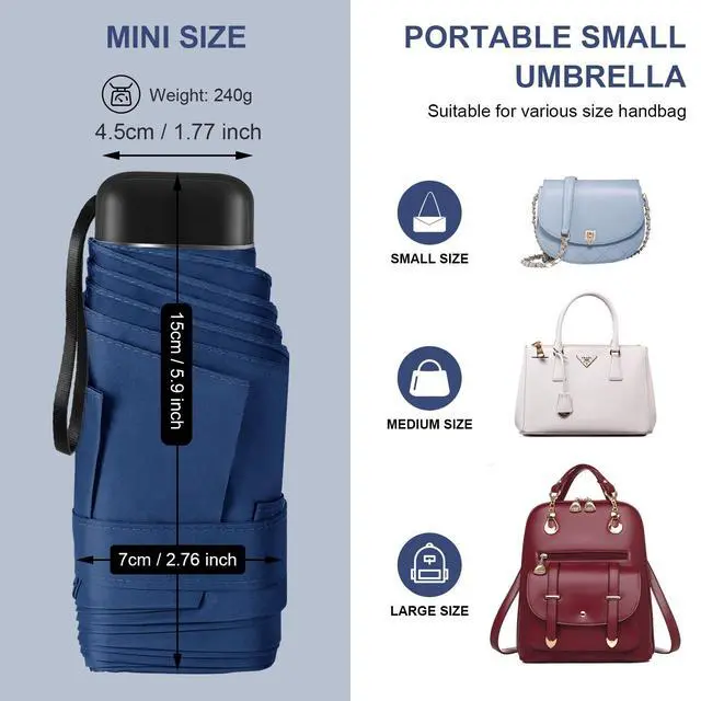Alt view image 5 of 7 - Mini Umbrella with Case for Travel Purse Compact Tiny Sun Rain Dark Blue
