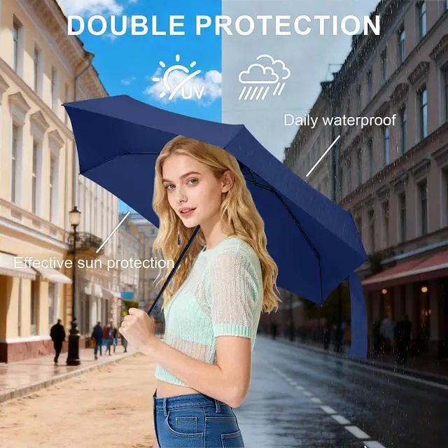 Alt view image 6 of 7 - Mini Umbrella with Case for Travel Purse Compact Tiny Sun Rain Dark Blue