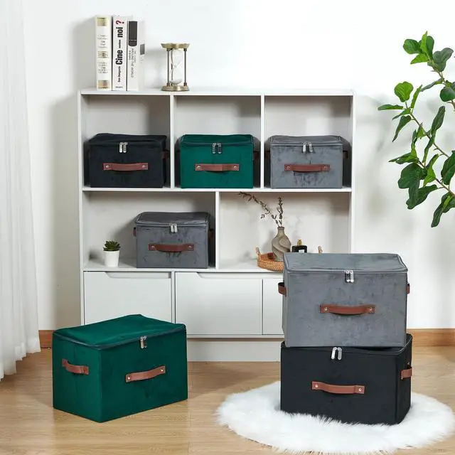 Alt view image 5 of 7 - 2PCS Storage Bin with Zipper Lid Velvet Fabric Lidded Box Basket