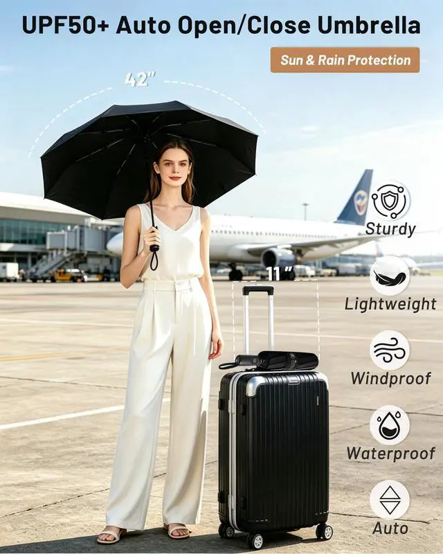 Alt view image 4 of 6 - Strongest Travel Umbrella Windproof Compact Umbrella for Rain, Small, Lightweight & Portable Folding with UV Protection, Auto Open/Close, Wind-Tested, Heavy Duty for Backpack & Car, Men