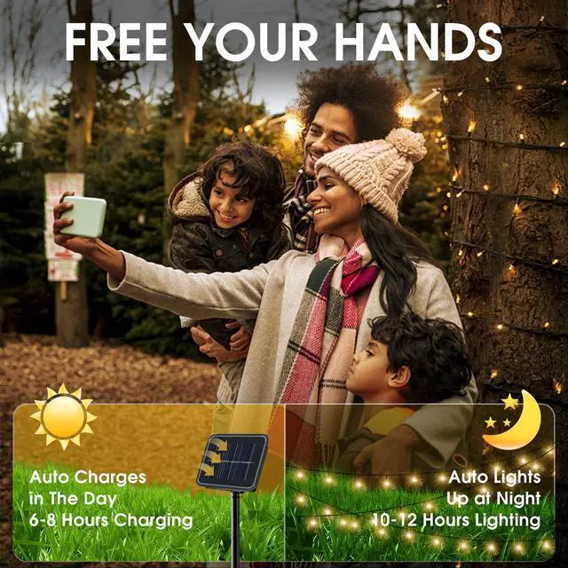 Alt view image 3 of 7 - Solar String Lights Outdoor, 2 Pack 79FT 200 LED Waterproof Solar Christmas Lights with 8 Lighting Modes for Tree Yard Garden Party Xmas Decorations