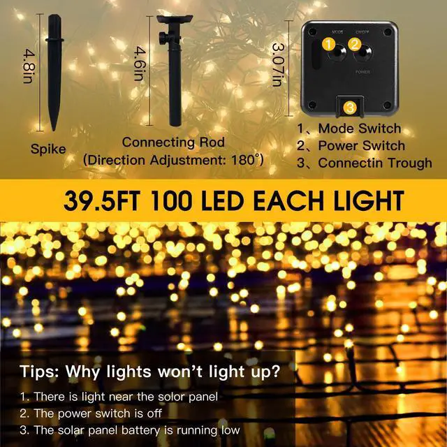 Alt view image 6 of 7 - Solar String Lights Outdoor, 2 Pack 79FT 200 LED Waterproof Solar Christmas Lights with 8 Lighting Modes for Tree Yard Garden Party Xmas Decorations