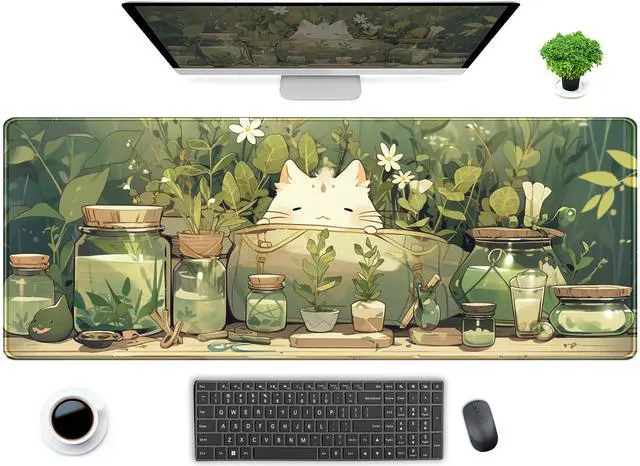 Main image of Kawaii White Cat Anime Green Plant Leaves Desk Mat Large Mouse Pad Gaming Desk Pad, XL Extended Mousepad Desk Accessories for Women Office Decor Long Laptop Keyboard Mouse Mat 31.5x11.8 in