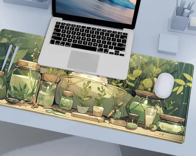 Alt view image 3 of 4 - Kawaii White Cat Anime Green Plant Leaves Desk Mat Large Mouse Pad Gaming Desk Pad, XL Extended Mousepad Desk Accessories for Women Office Decor Long Laptop Keyboard Mouse Mat 31.5x11.8 in
