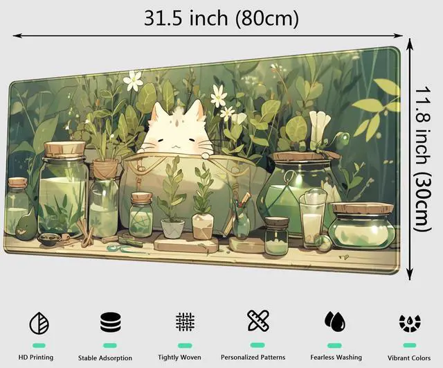 Alt view image 2 of 4 - Kawaii White Cat Anime Green Plant Leaves Desk Mat Large Mouse Pad Gaming Desk Pad, XL Extended Mousepad Desk Accessories for Women Office Decor Long Laptop Keyboard Mouse Mat 31.5x11.8 in