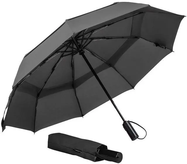 Main image of Windproof Travel Umbrella, Vented Folding Umbrella, Compact Double Canopy Auto Open Close 42 Inch-L1.1 Black