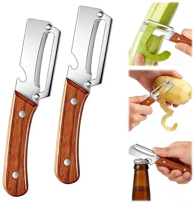 Main image of Peeler Potato Peeler with Wooden Handle, Sharp Stainless Steel Blade Peelers for Kitchen for Fruit Veggie Apple Potato Carrot Pumpkin Papaya, Built-in Bottle Opener, 2pcs