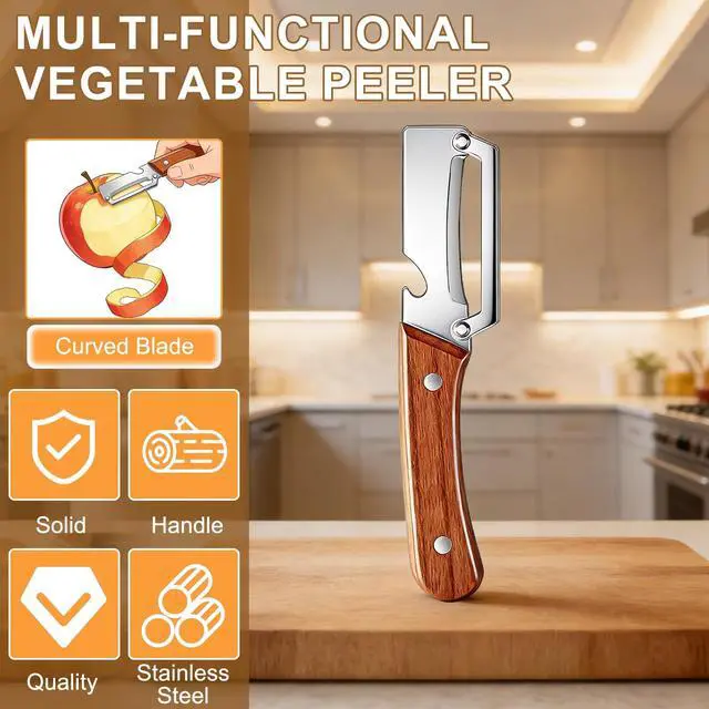 Alt view image 2 of 7 - Peeler Potato Peeler with Wooden Handle, Sharp Stainless Steel Blade Peelers for Kitchen for Fruit Veggie Apple Potato Carrot Pumpkin Papaya, Built-in Bottle Opener, 2pcs