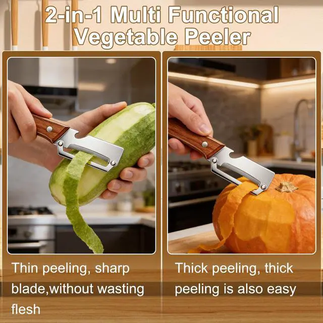 Alt view image 5 of 7 - Peeler Potato Peeler with Wooden Handle, Sharp Stainless Steel Blade Peelers for Kitchen for Fruit Veggie Apple Potato Carrot Pumpkin Papaya, Built-in Bottle Opener, 2pcs