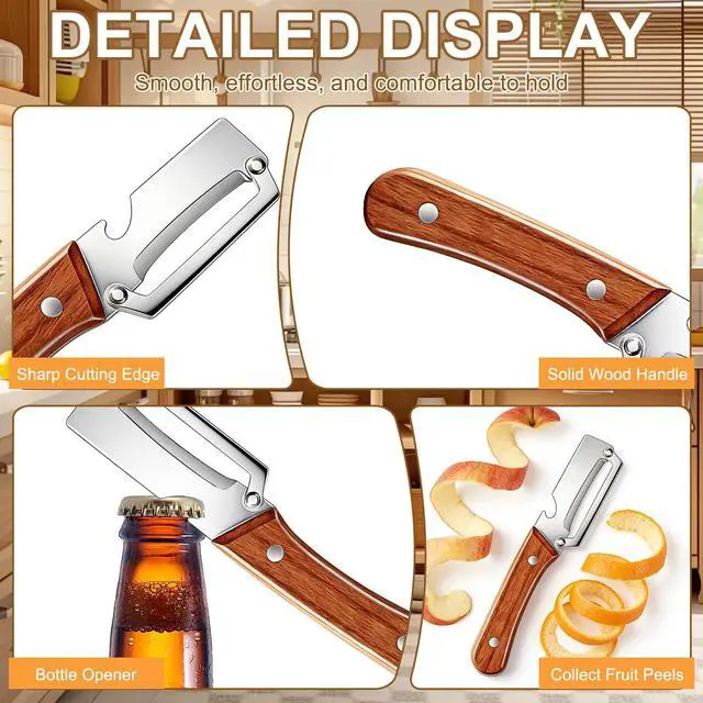 Alt view image 7 of 7 - Peeler Potato Peeler with Wooden Handle, Sharp Stainless Steel Blade Peelers for Kitchen for Fruit Veggie Apple Potato Carrot Pumpkin Papaya, Built-in Bottle Opener, 2pcs