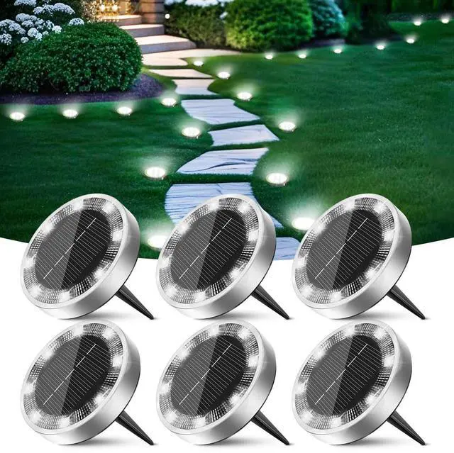Main image of Solar Ground Lights Outdoor, 6 Pack Flat Solar Powered Disc Lights, IP68 Waterproof, Anti-Rust, Landscape Lighting for Pathway Garden Yard Lawn Walkway Landscape Driveway, Mini, Cool White