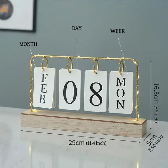 Alt view image 2 of 6 - Flip Wooden Perpetual Calendar Decor Gold Metal Stand with Light