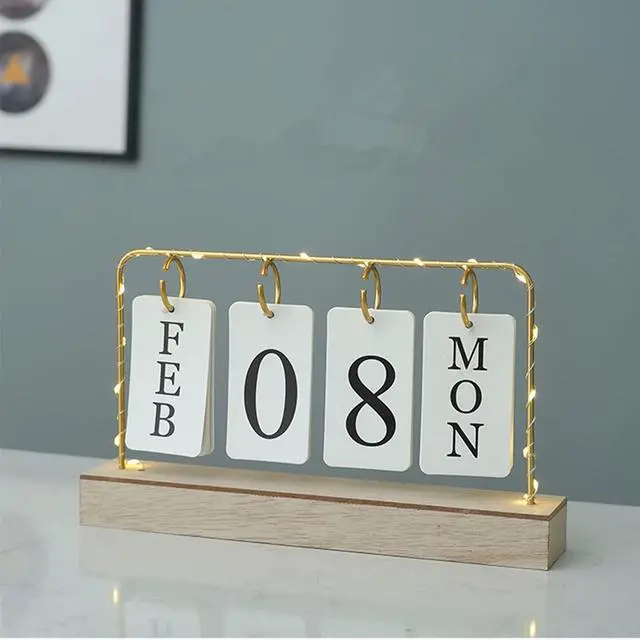 Main image of Flip Wooden Perpetual Calendar Decor Gold Metal Stand with Light